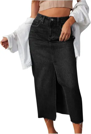 Womens High Waist Denim Skirts Vintage Solid Color Slit Midi Skirts with Pocket Y2K Fashion Jean Skirts