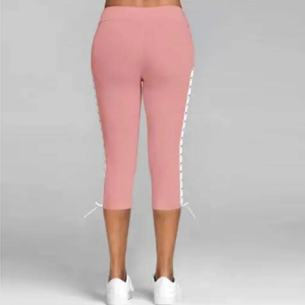 Women's High Waist Solid Lace Up Capri Pants Fashion Lightweight Breathable Straight Leg Cropped Trousers Cotton Soft Pant
