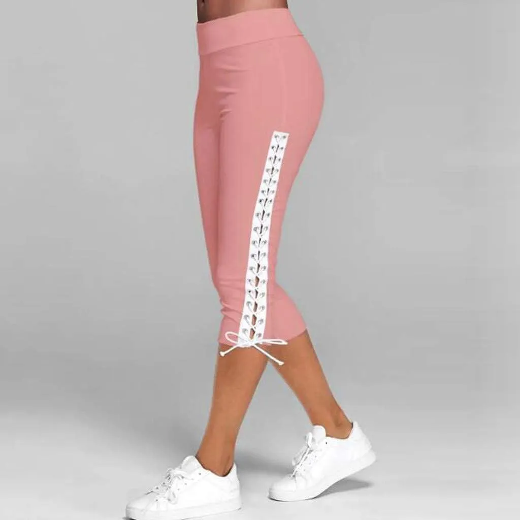 Women's High Waist Solid Lace Up Capri Pants Fashion Lightweight Breathable Straight Leg Cropped Trousers Cotton Soft Pant