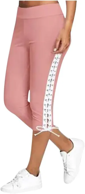 Women's High Waist Solid Lace Up Capri Pants Fashion Lightweight Breathable Straight Leg Cropped Trousers Cotton Soft Pant