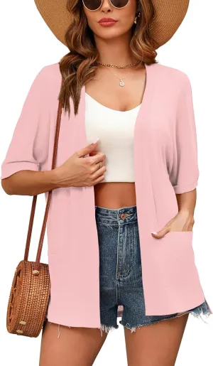 Women's Lightweight Open Front Cardigans Short Sleeve Casual Soft Sheer Cardigan S-2XL with Pockets