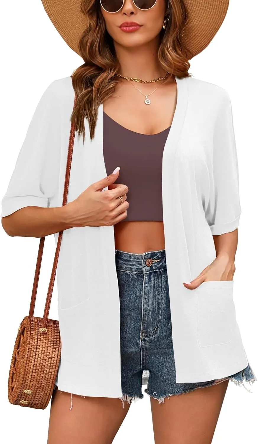 Women's Lightweight Open Front Cardigans Short Sleeve Casual Soft Sheer Cardigan S-2XL with Pockets