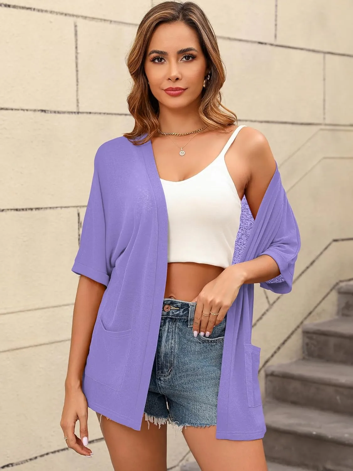 Women's Lightweight Open Front Cardigans Short Sleeve Casual Soft Sheer Cardigan S-2XL with Pockets