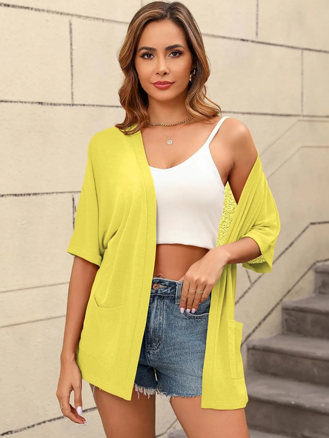 Women's Lightweight Open Front Cardigans Short Sleeve Casual Soft Sheer Cardigan S-2XL with Pockets