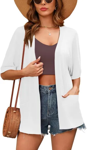 Women's Lightweight Open Front Cardigans Short Sleeve Casual Soft Sheer Cardigan S-2XL with Pockets