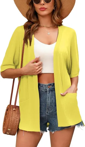 Women's Lightweight Open Front Cardigans Short Sleeve Casual Soft Sheer Cardigan S-2XL with Pockets
