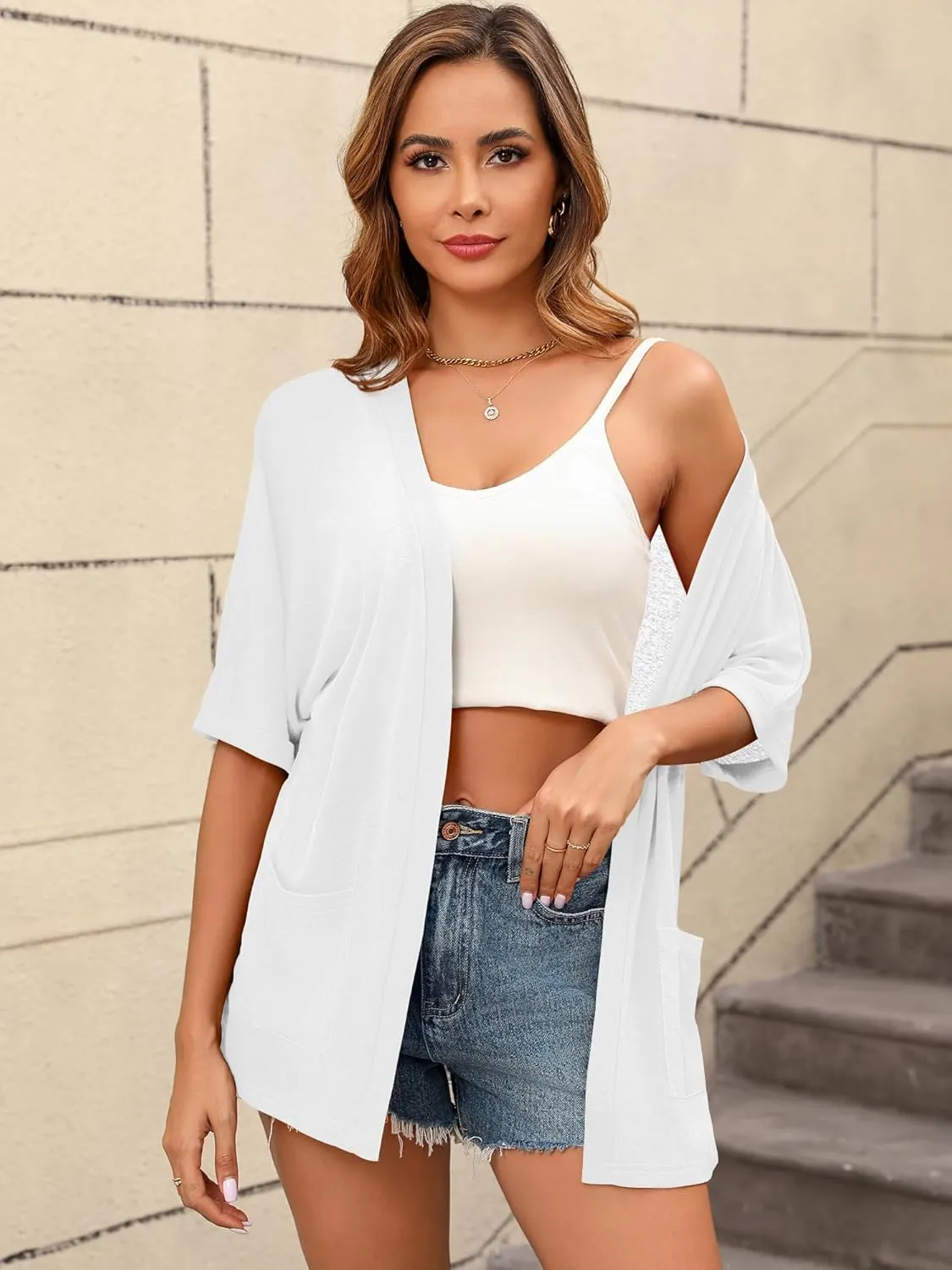 Women's Lightweight Open Front Cardigans Short Sleeve Casual Soft Sheer Cardigan S-2XL with Pockets