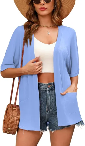 Women's Lightweight Open Front Cardigans Short Sleeve Casual Soft Sheer Cardigan S-2XL with Pockets