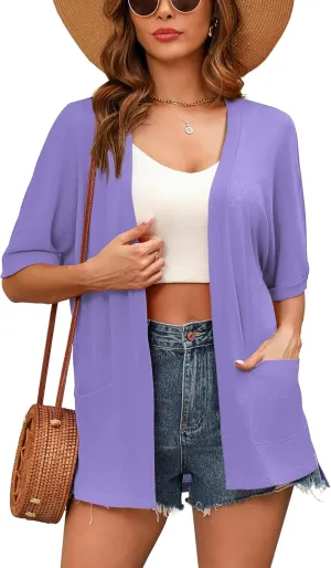 Women's Lightweight Open Front Cardigans Short Sleeve Casual Soft Sheer Cardigan S-2XL with Pockets