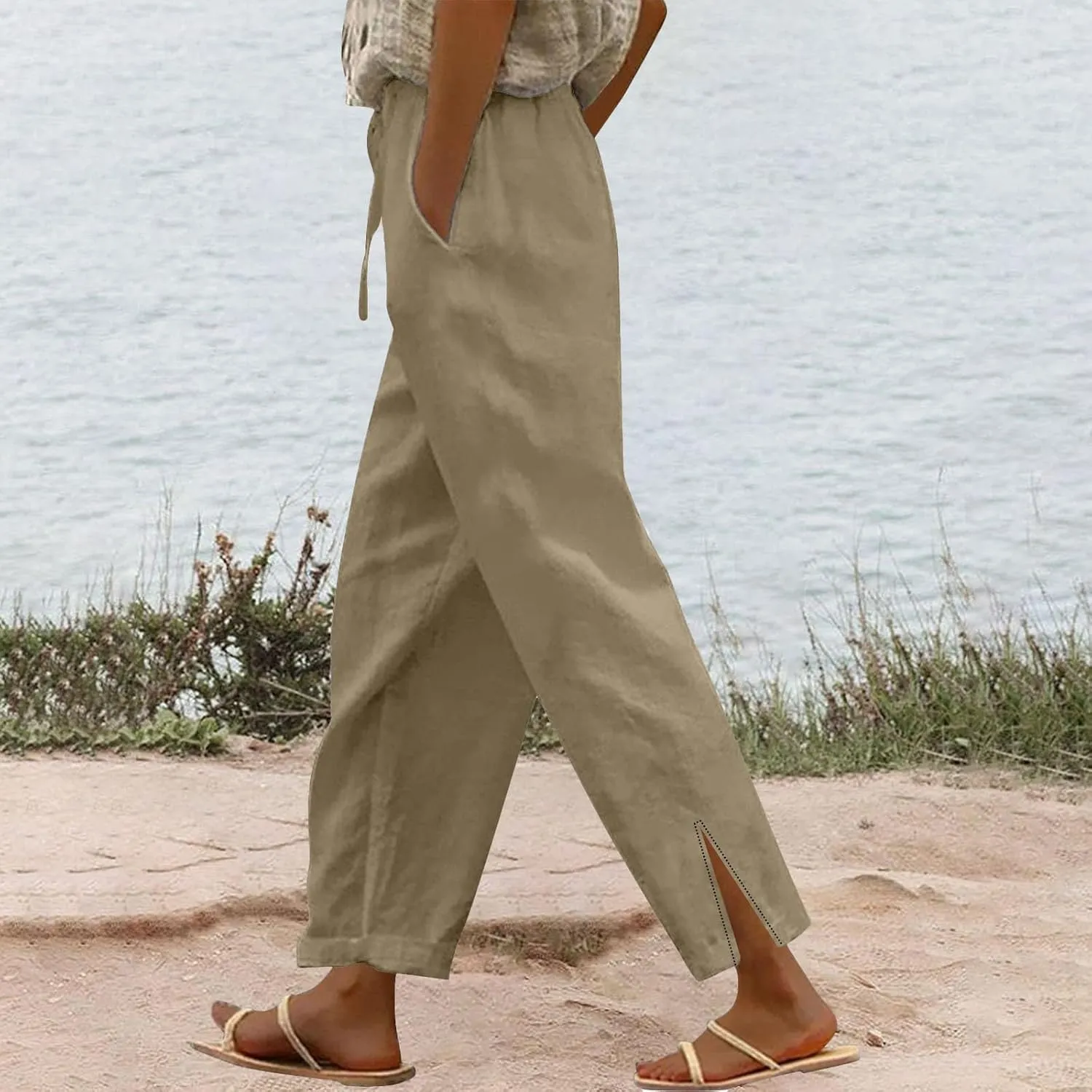 Womens Linen Pants 2025 Summer Vacation Beach Pants Drawstring Casual Gauze Pants with Pockets Linen Ankle Pant Trousers