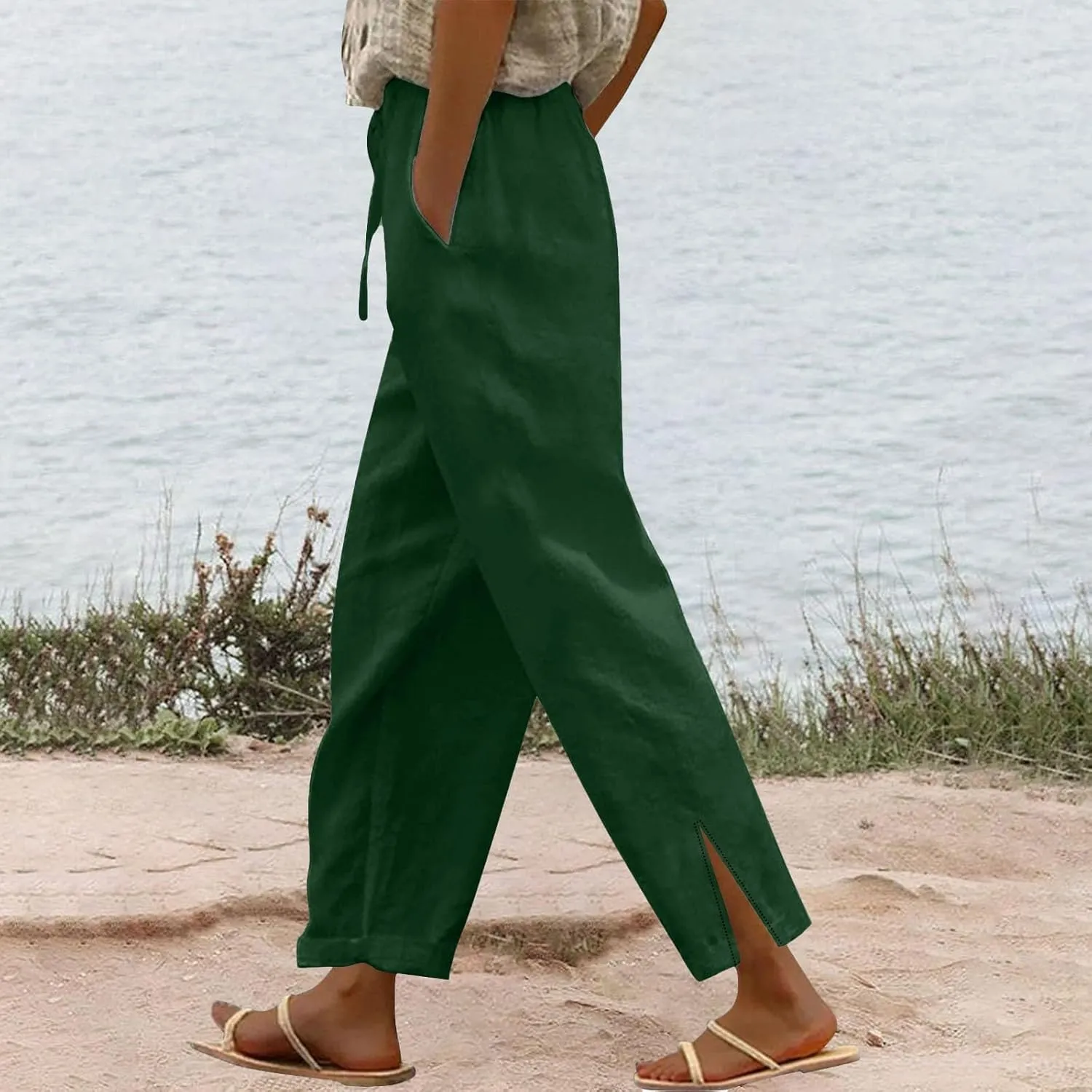 Womens Linen Pants 2025 Summer Vacation Beach Pants Drawstring Casual Gauze Pants with Pockets Linen Ankle Pant Trousers