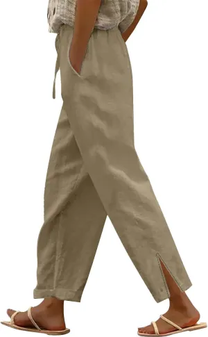 Womens Linen Pants 2025 Summer Vacation Beach Pants Drawstring Casual Gauze Pants with Pockets Linen Ankle Pant Trousers