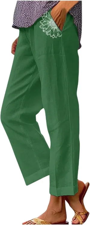 Womens Linen Pants Summer Boho Print Wide Leg Pant Loose High Waisted Drawstring Palazzo Trousers with Pocket