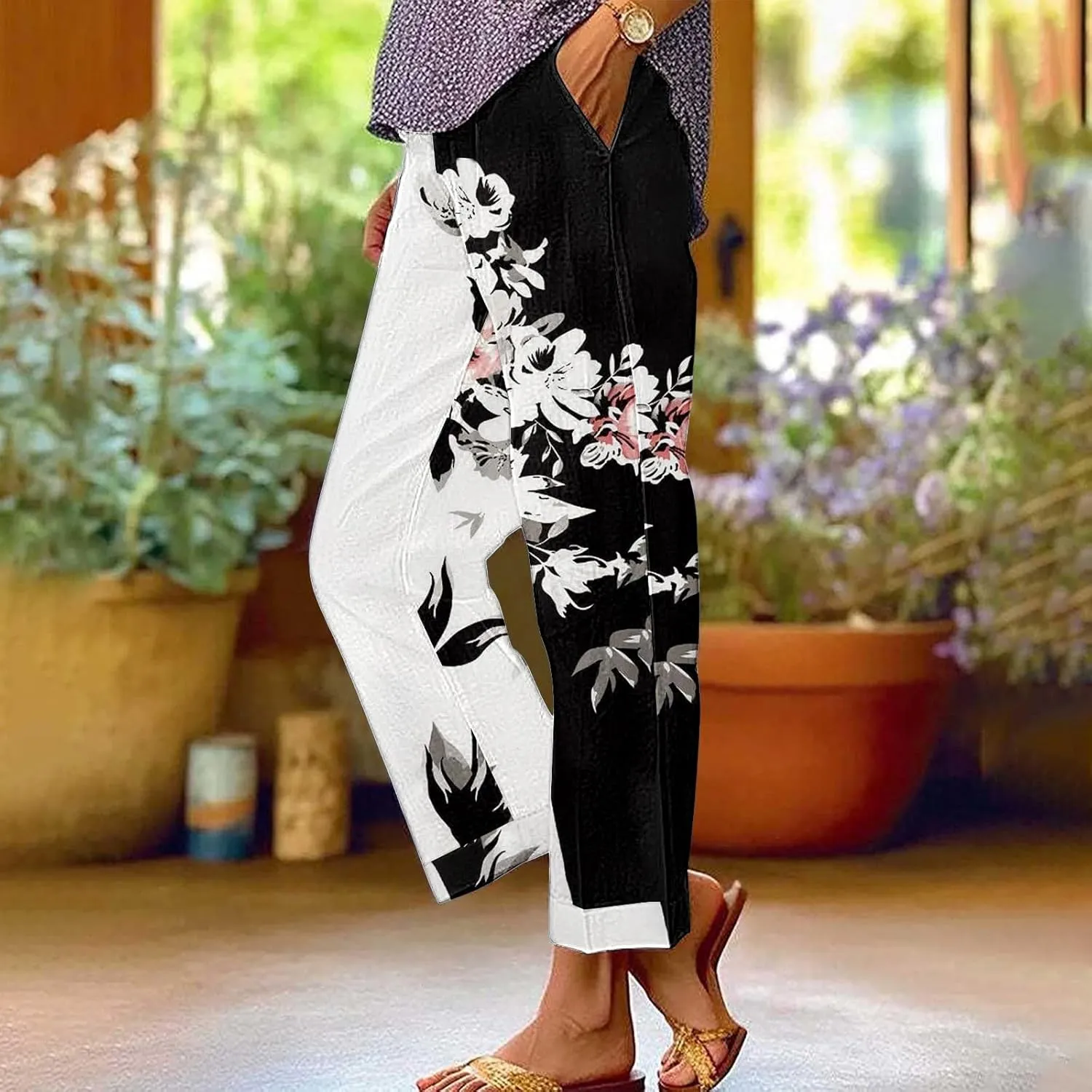 Womens Linen Pants Summer Boho Print Wide Leg Pant Loose High Waisted Drawstring Palazzo Trousers with Pocket