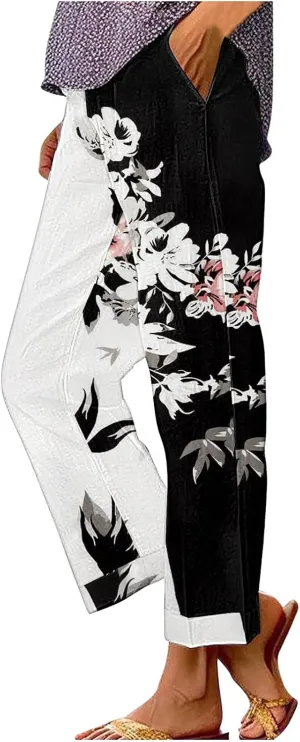 Womens Linen Pants Summer Boho Print Wide Leg Pant Loose High Waisted Drawstring Palazzo Trousers with Pocket