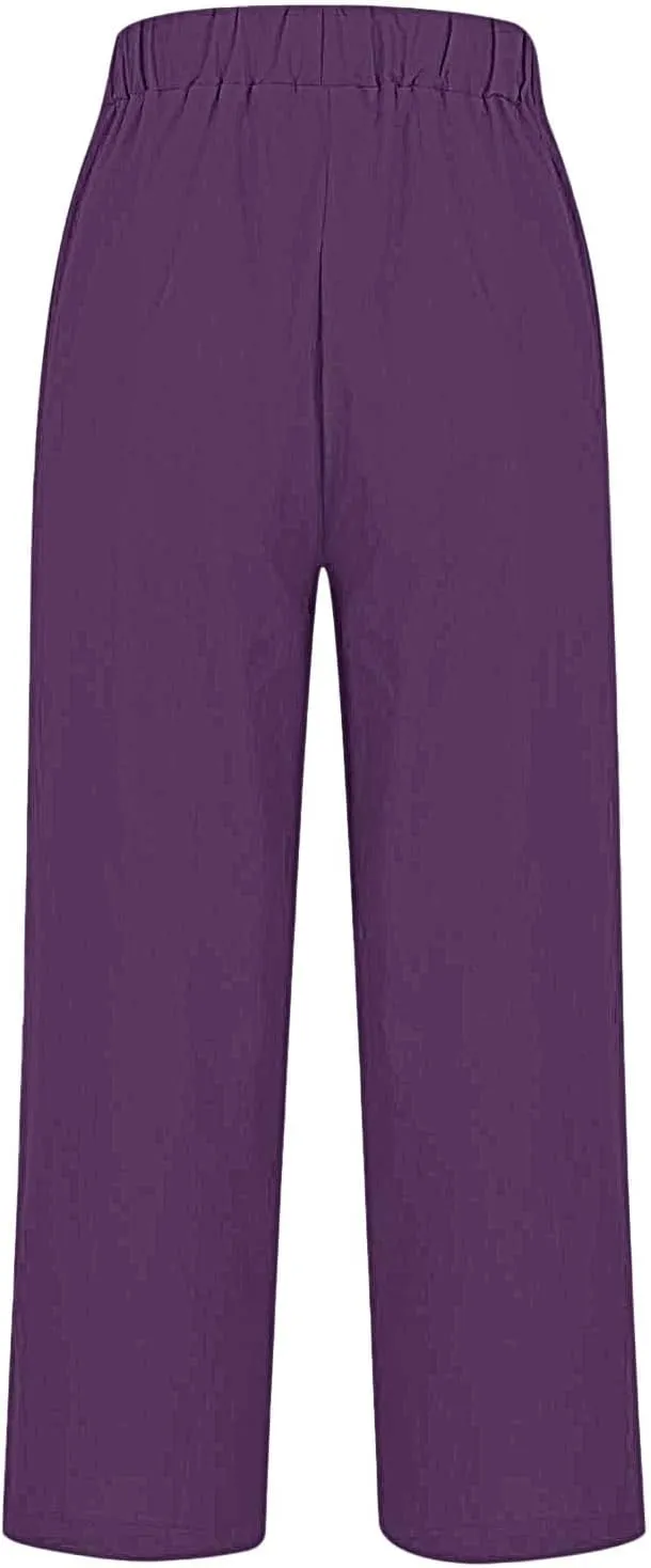 Womens Linen Pants Summer Boho Print Wide Leg Pant Loose High Waisted Drawstring Palazzo Trousers with Pocket