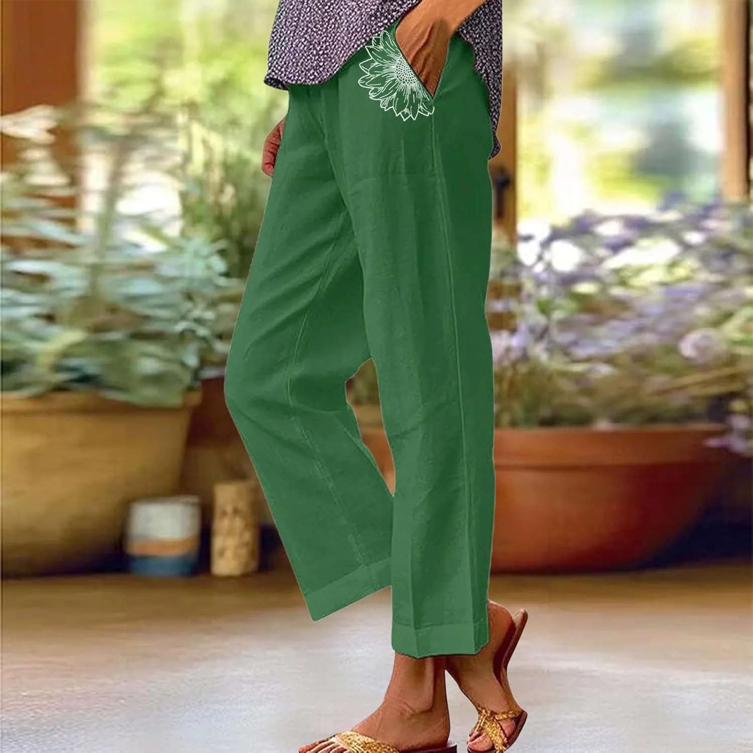 Womens Linen Pants Summer Boho Print Wide Leg Pant Loose High Waisted Drawstring Palazzo Trousers with Pocket