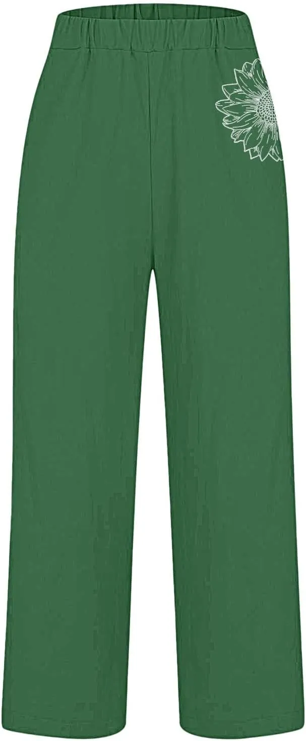 Womens Linen Pants Summer Boho Print Wide Leg Pant Loose High Waisted Drawstring Palazzo Trousers with Pocket