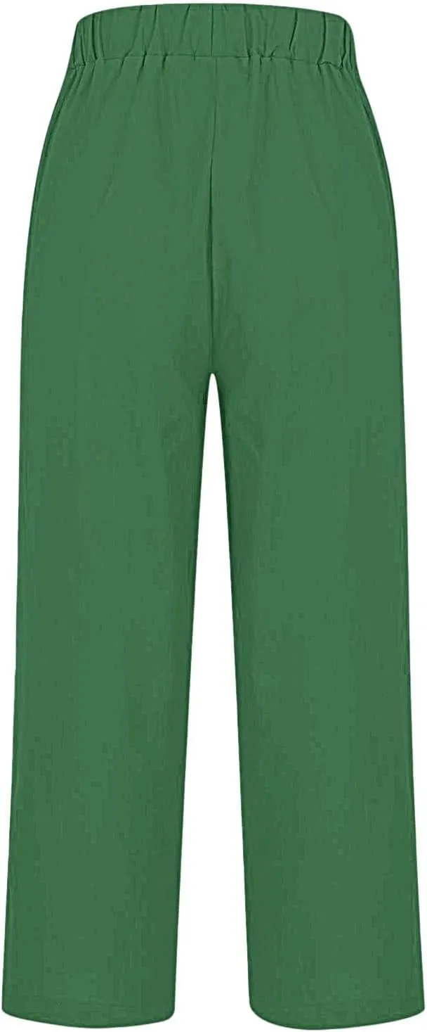 Womens Linen Pants Summer Boho Print Wide Leg Pant Loose High Waisted Drawstring Palazzo Trousers with Pocket