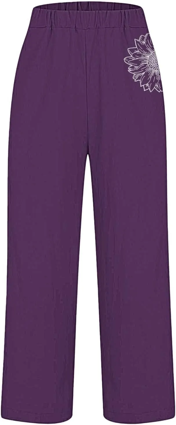 Womens Linen Pants Summer Boho Print Wide Leg Pant Loose High Waisted Drawstring Palazzo Trousers with Pocket