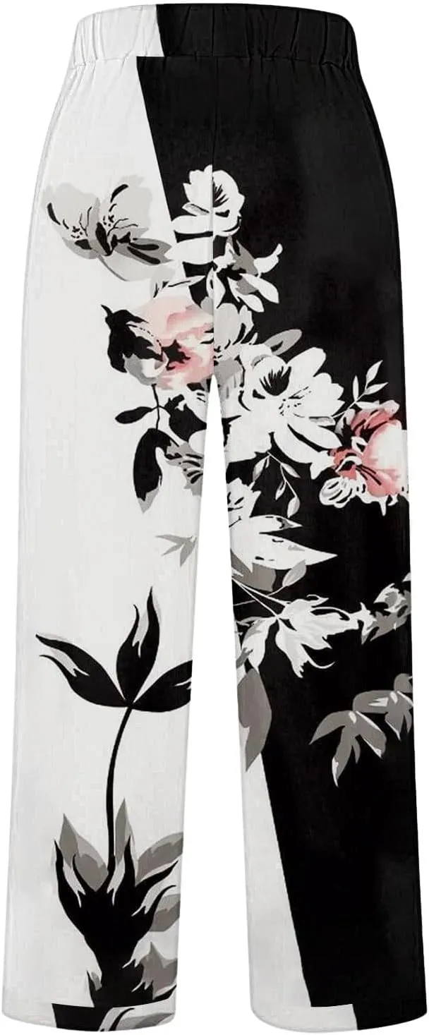 Womens Linen Pants Summer Boho Print Wide Leg Pant Loose High Waisted Drawstring Palazzo Trousers with Pocket