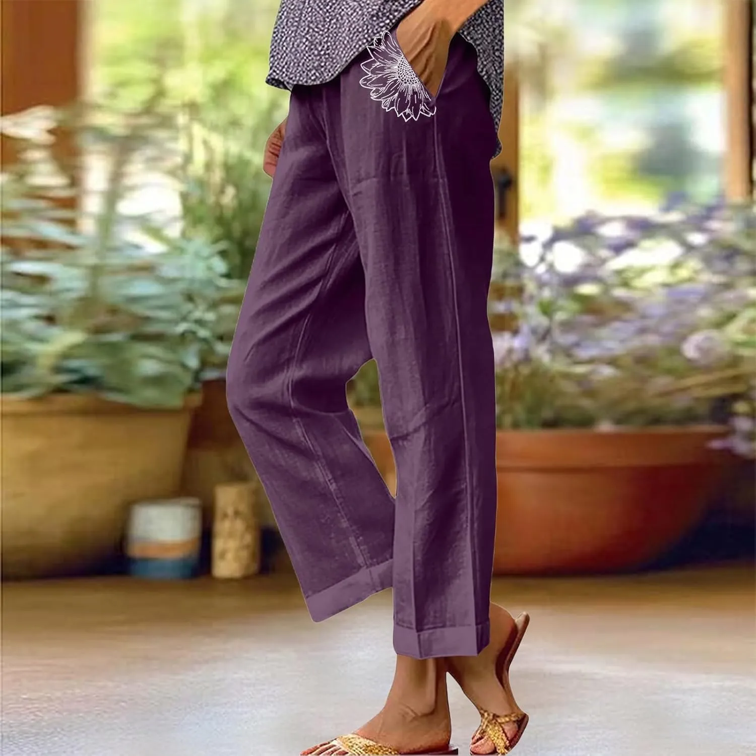 Womens Linen Pants Summer Boho Print Wide Leg Pant Loose High Waisted Drawstring Palazzo Trousers with Pocket