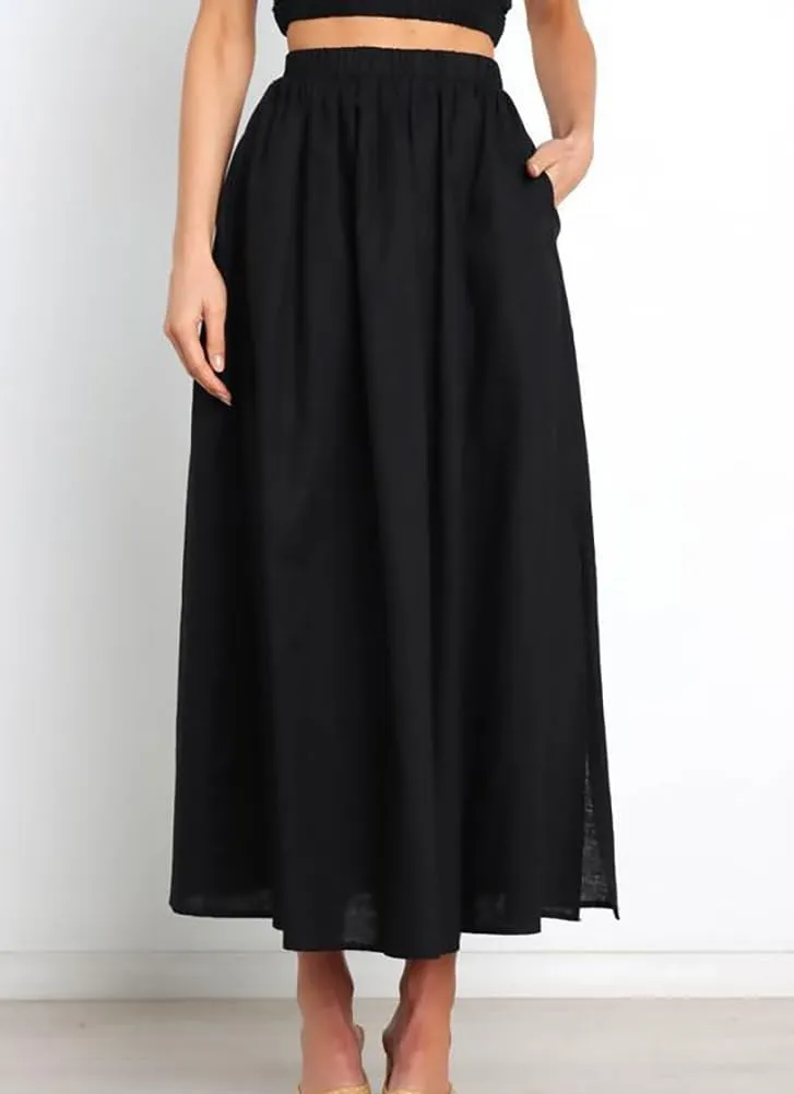 Womens Linen Skirts Casual Summer Elastic High Waisted A Line Pleated Midi Skirt with Pockets