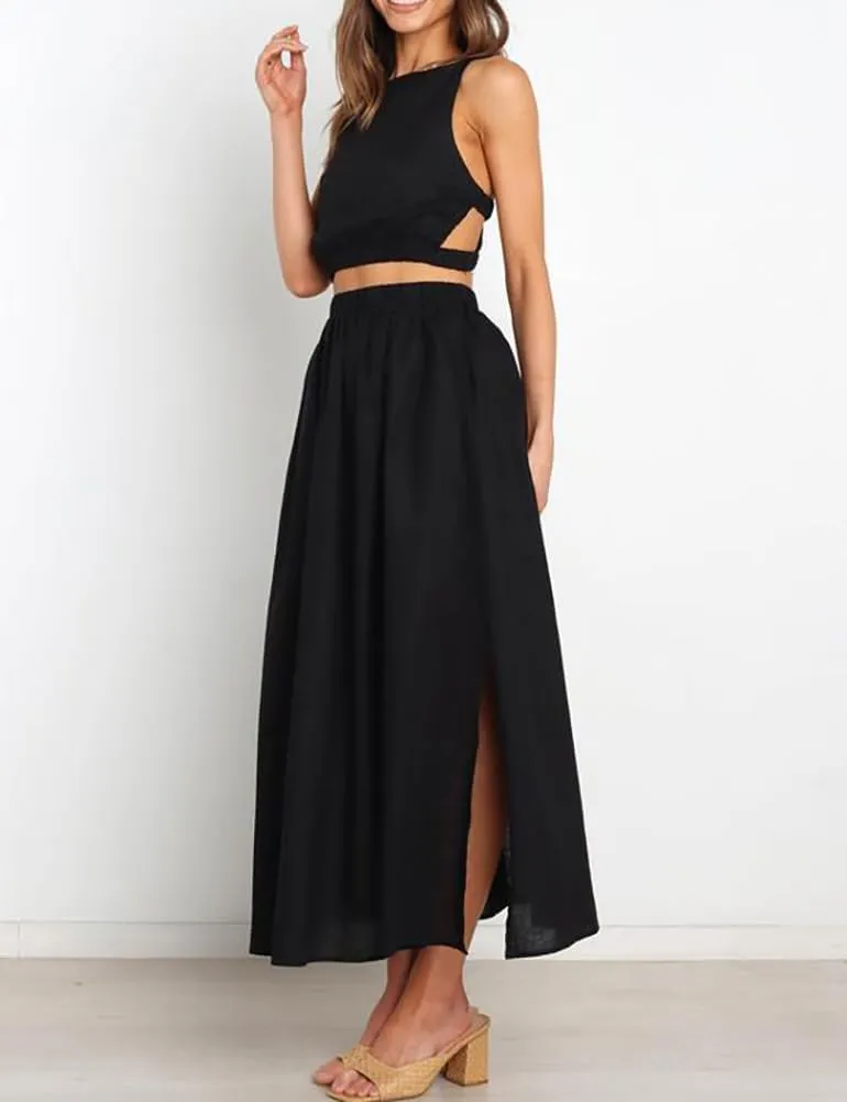 Womens Linen Skirts Casual Summer Elastic High Waisted A Line Pleated Midi Skirt with Pockets