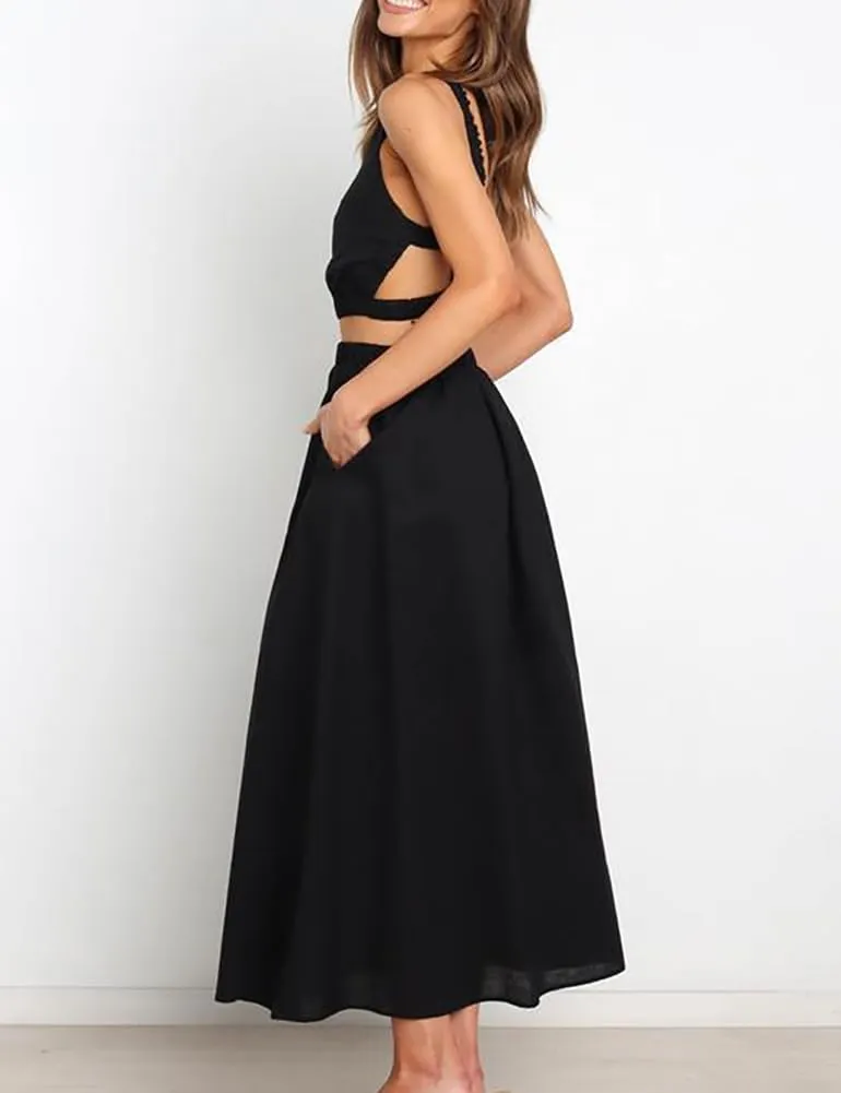 Womens Linen Skirts Casual Summer Elastic High Waisted A Line Pleated Midi Skirt with Pockets