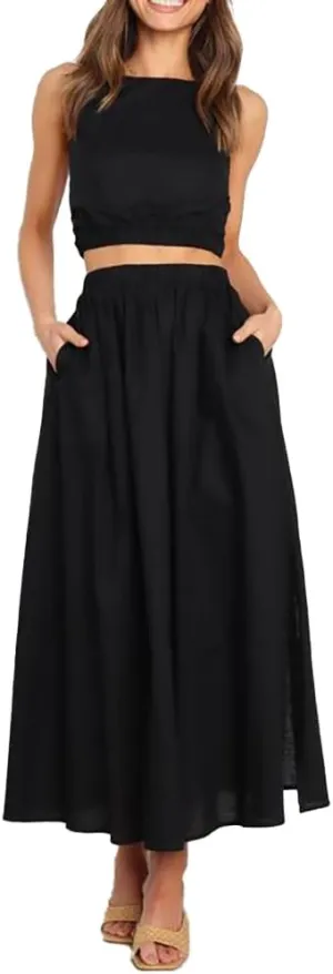 Womens Linen Skirts Casual Summer Elastic High Waisted A Line Pleated Midi Skirt with Pockets