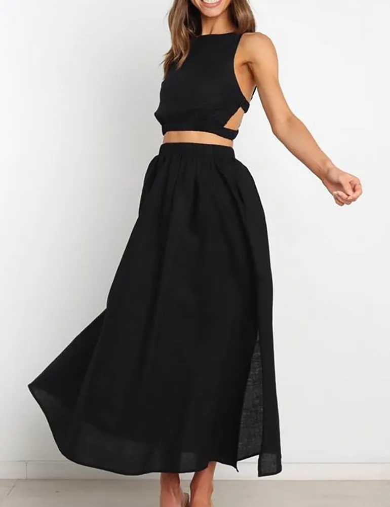 Womens Linen Skirts Casual Summer Elastic High Waisted A Line Pleated Midi Skirt with Pockets