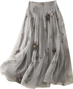 Womens Linen Skirts Summer Tulle Elastic High Waisted A Line Print Pleated Midi Skirt with Pockets