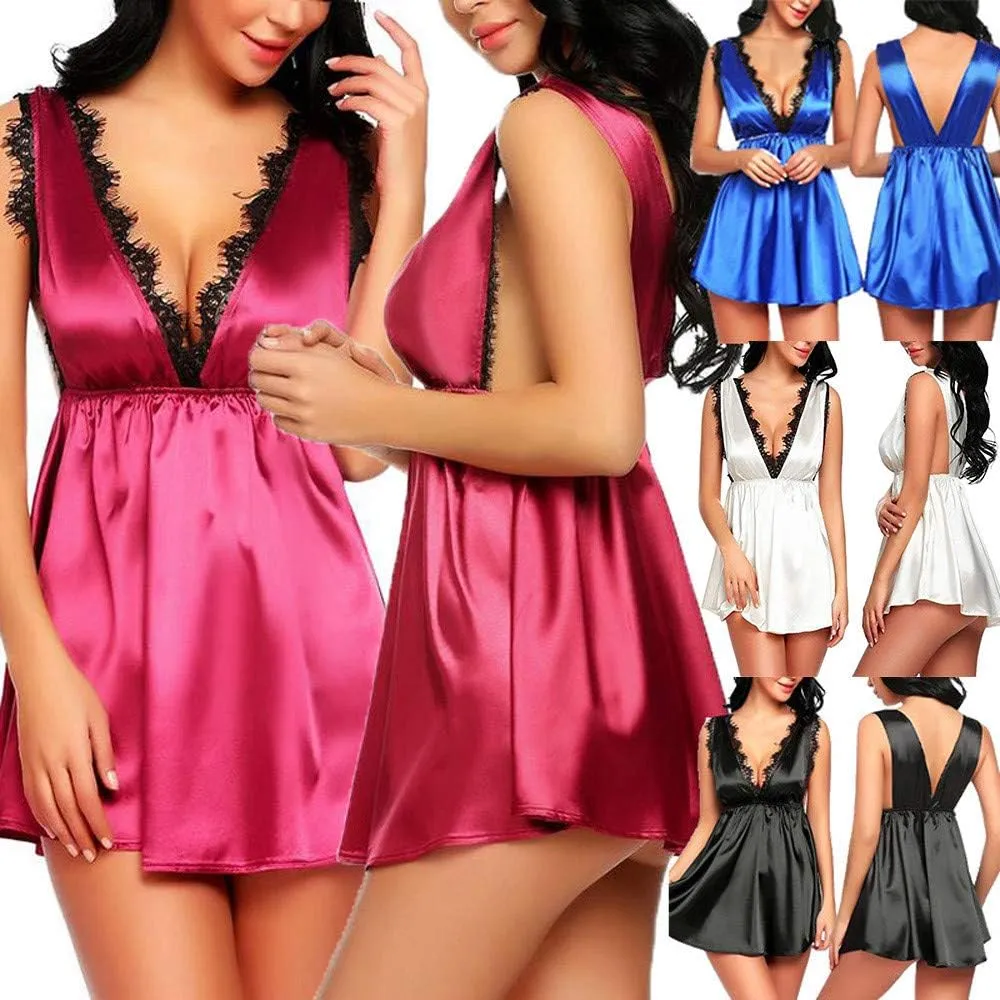 Womens Lingerie Deep V Bra Panty Set Teddy Babydoll Nightgown Drawstring Waist Panty Bra Bra and Panty