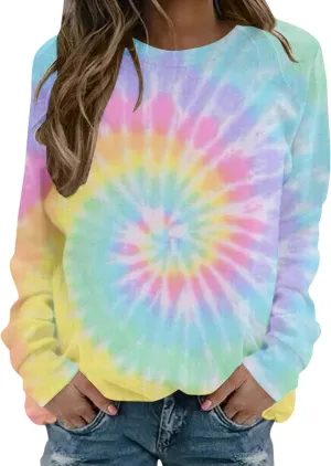 Womens Long Sleeve Crewneck Sweatshirt Trendy 2024 Tie Dye Print Regular Fit Pullover Tops Fall Fashion Sweatshirts