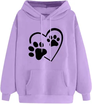Womens Long Sleeve Loose Fit Hooded Sweatshirts Cute Heart Print Pullover Drawstraing Casual Fall Fashion Hoodies
