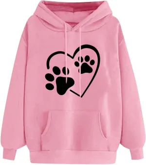 Womens Long Sleeve Loose Fit Hooded Sweatshirts Cute Heart Print Pullover Drawstraing Casual Fall Fashion Hoodies
