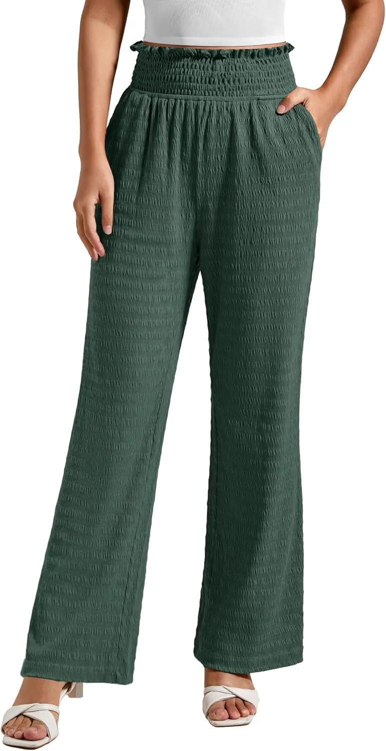 Women's Lounge Straight Pants Wide Leg Trousers 2024 Trendy High Waisted Business Texture Pants with Pockets