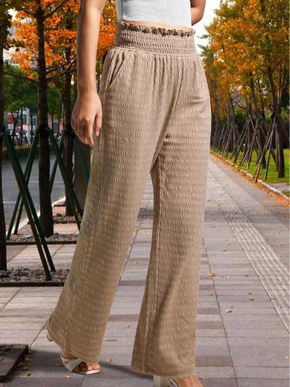 Women's Lounge Straight Pants Wide Leg Trousers 2024 Trendy High Waisted Business Texture Pants with Pockets