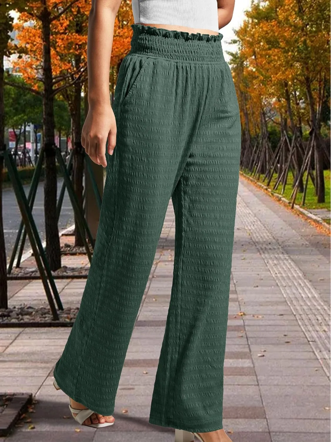 Women's Lounge Straight Pants Wide Leg Trousers 2024 Trendy High Waisted Business Texture Pants with Pockets