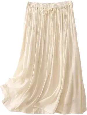 Women's Midi Linen Skirt Casual Elastic Waist Drawstring Pleated Skirts Summer Flowy Print Long A-Linen Skirt