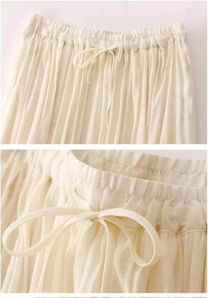 Women's Midi Linen Skirt Casual Elastic Waist Drawstring Pleated Skirts Summer Flowy Print Long A-Linen Skirt