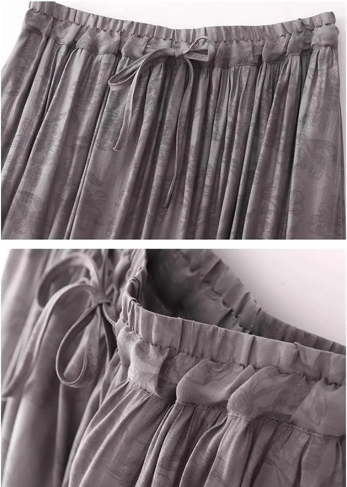 Women's Midi Linen Skirt Casual Elastic Waist Drawstring Pleated Skirts Summer Flowy Print Long A-Linen Skirt