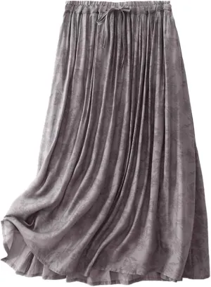 Women's Midi Linen Skirt Casual Elastic Waist Drawstring Pleated Skirts Summer Flowy Print Long A-Linen Skirt