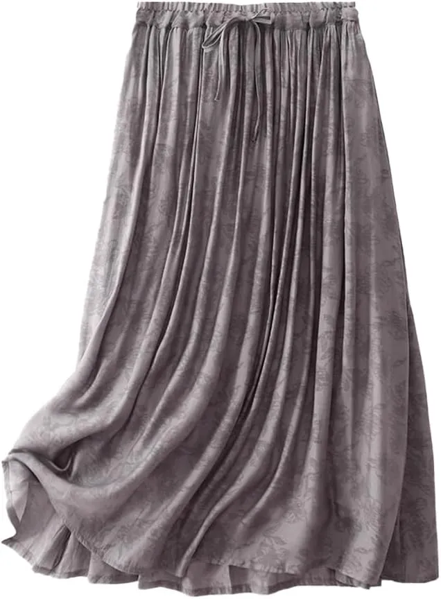 Women's Midi Linen Skirt Casual Elastic Waist Drawstring Pleated Skirts Summer Flowy Print Long A-Linen Skirt