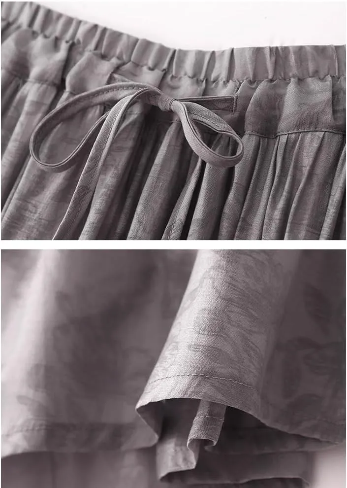Women's Midi Linen Skirt Casual Elastic Waist Drawstring Pleated Skirts Summer Flowy Print Long A-Linen Skirt