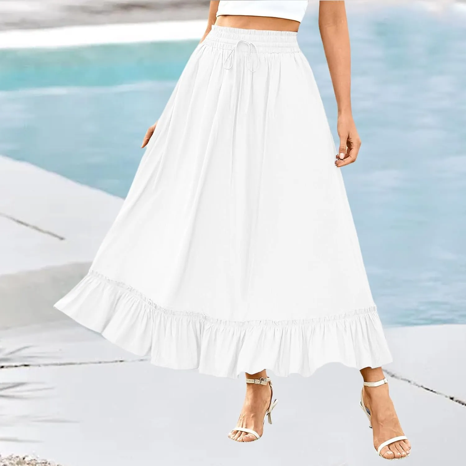 Womens Midi Skirts High Waist Tiered Skirt Summer Boho Flowy Swing Tiered A-Line Maxi Skirt Long Beach Dress