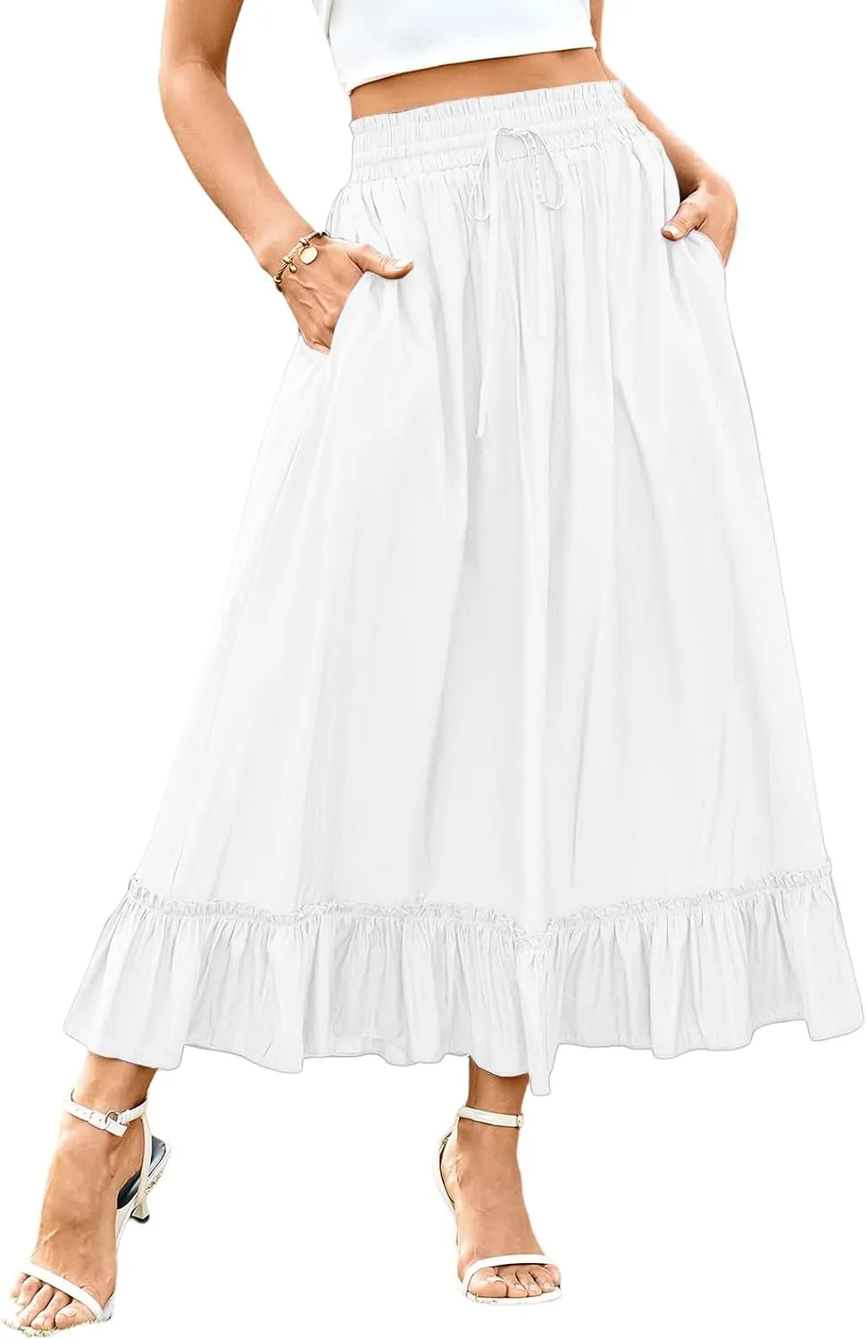 Womens Midi Skirts High Waist Tiered Skirt Summer Boho Flowy Swing Tiered A-Line Maxi Skirt Long Beach Dress