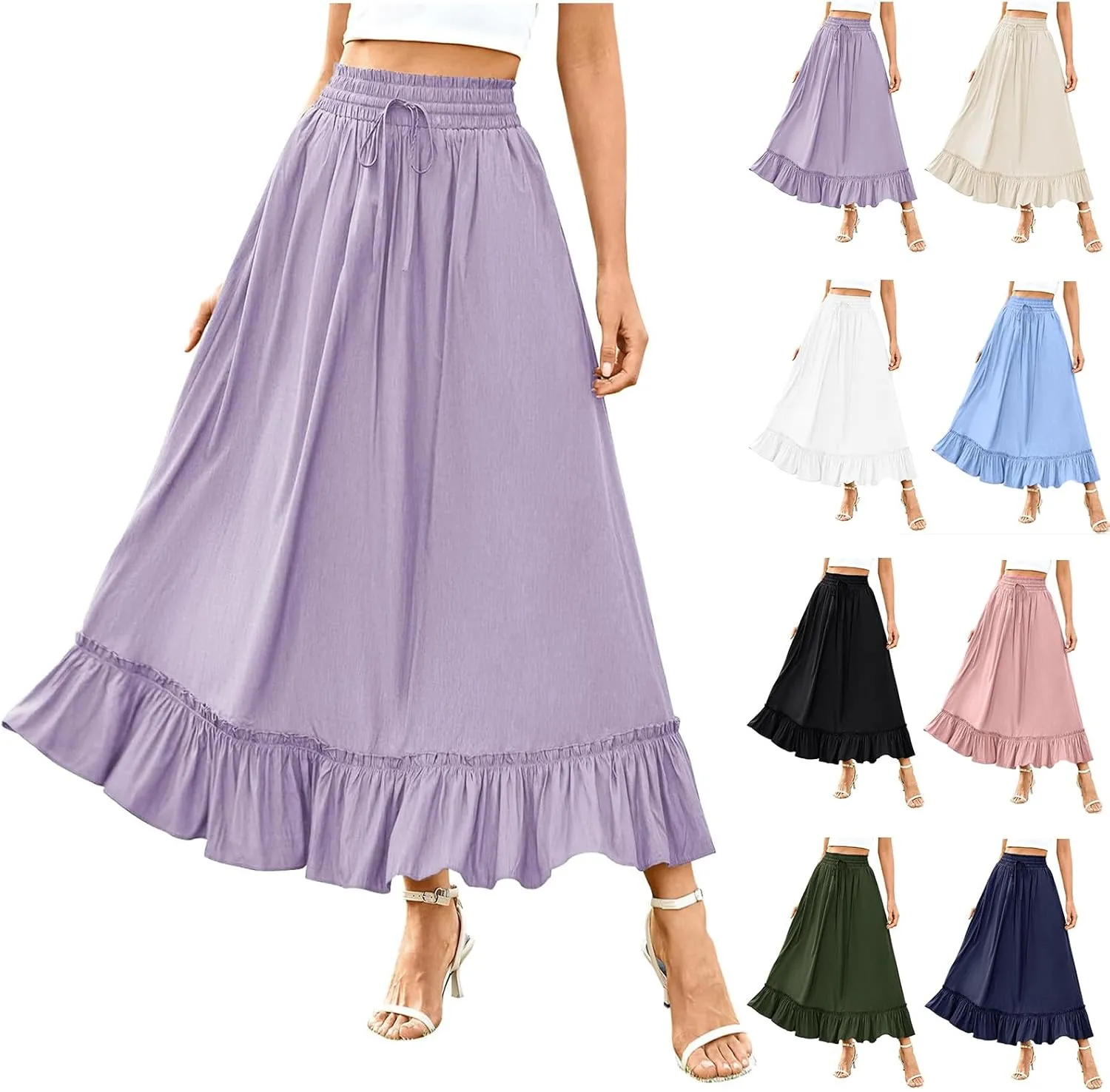 Womens Midi Skirts High Waist Tiered Skirt Summer Boho Flowy Swing Tiered A-Line Maxi Skirt Long Beach Dress