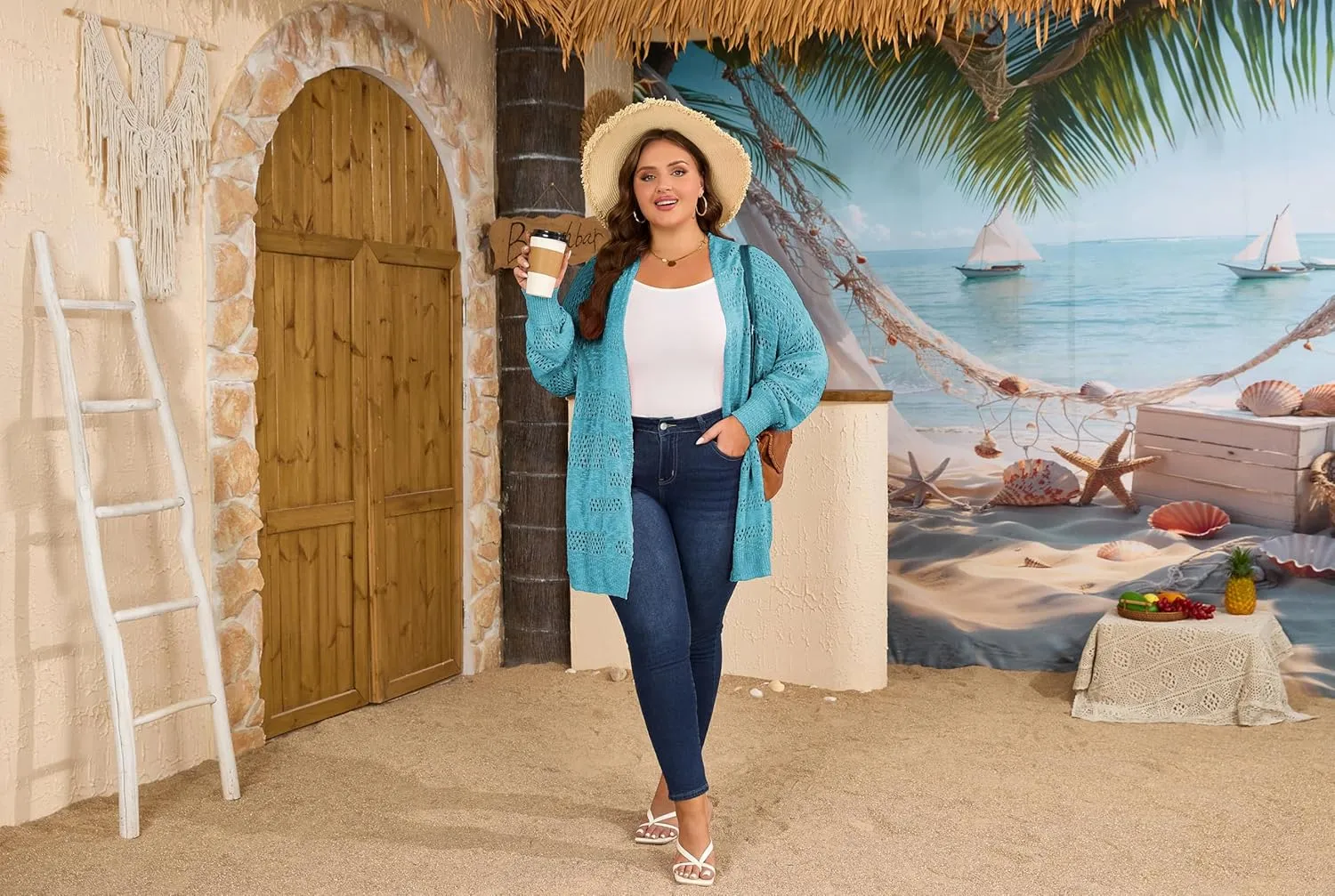 Women's Plus Size Crochet Cardigan Kimonos Boho Long Sleeve Oversized Summer Open Front Knitted Sweater Tops