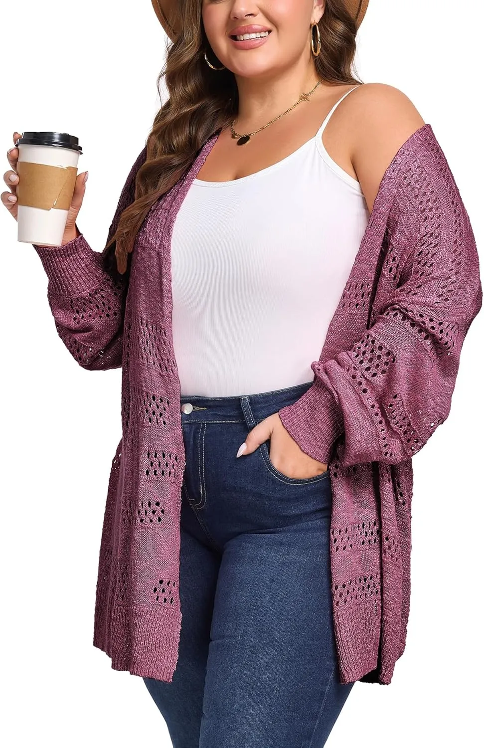 Women's Plus Size Crochet Cardigan Kimonos Boho Long Sleeve Oversized Summer Open Front Knitted Sweater Tops